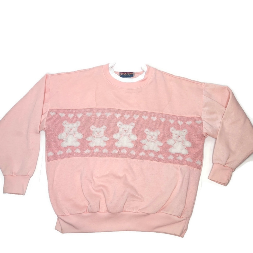 Vintage sporting club glitter knit teddy bear top woth hearts size large.